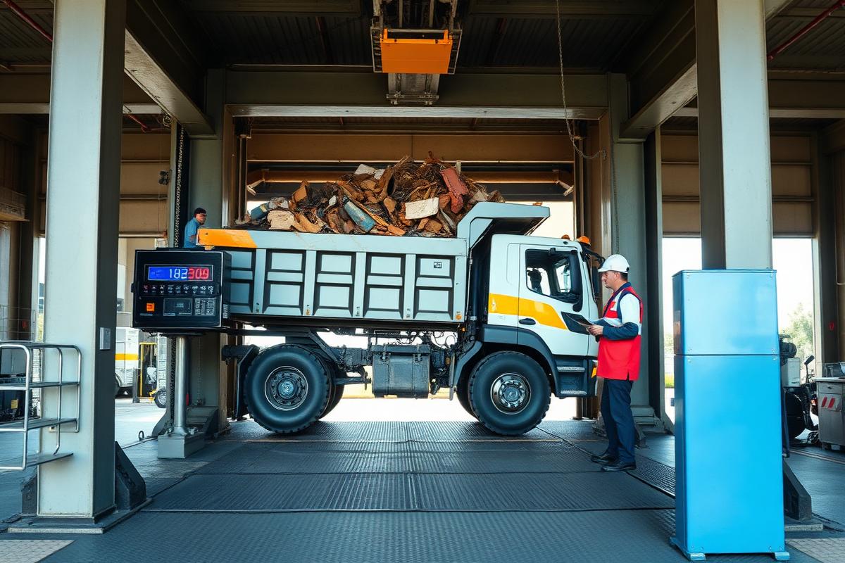 Calibrated industrial weighbridge with a loaded tipper truck