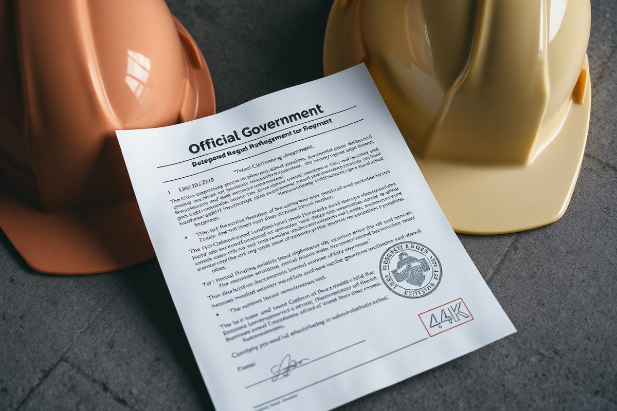 Official Malaysian environmental regulation document beside a hard hat