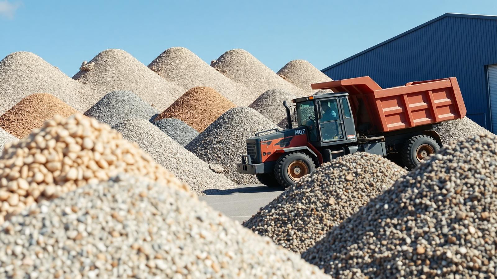 Graded recycled aggregate stockpiles beside a wheel loader loading a customer tipper truck
