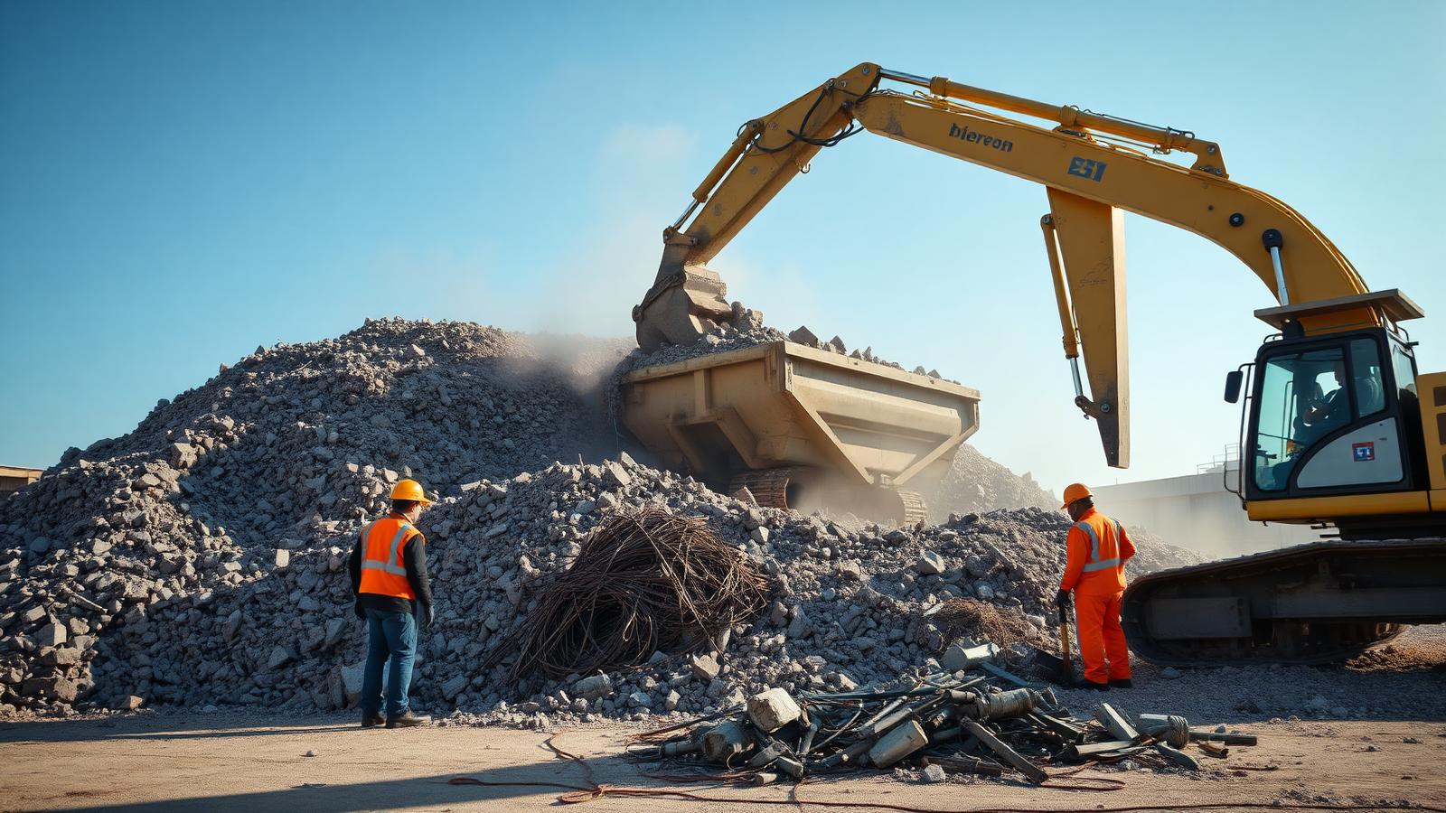 Excavator loading construction debris into a roll-on-roll-off skip for disposal at the Mahawijaya yard
